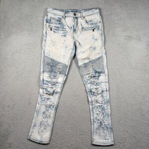Crysp Denim Mens 32 Distressed Moto Biker Jeans Light Acid Wash Blue Streetwear